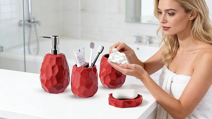 Ceramic Bathroom Accessories Set 4 PCS,Bathroom Toothbrush Holder Set,Soap and Toothbrush Holder Set,Include Toothbrush Holder,Soap Dispenser,Tumbler,Soap Dish,Bathroom Sets Decor Organizer (Red) - ModernBath