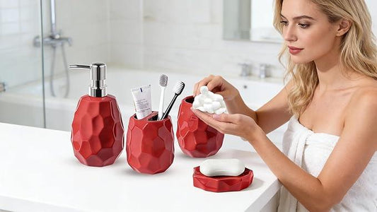 Ceramic Bathroom Accessories Set 4 PCS,Bathroom Toothbrush Holder Set,Soap and Toothbrush Holder Set,Include Toothbrush Holder,Soap Dispenser,Tumbler,Soap Dish,Bathroom Sets Decor Organizer (Red) - ModernBath