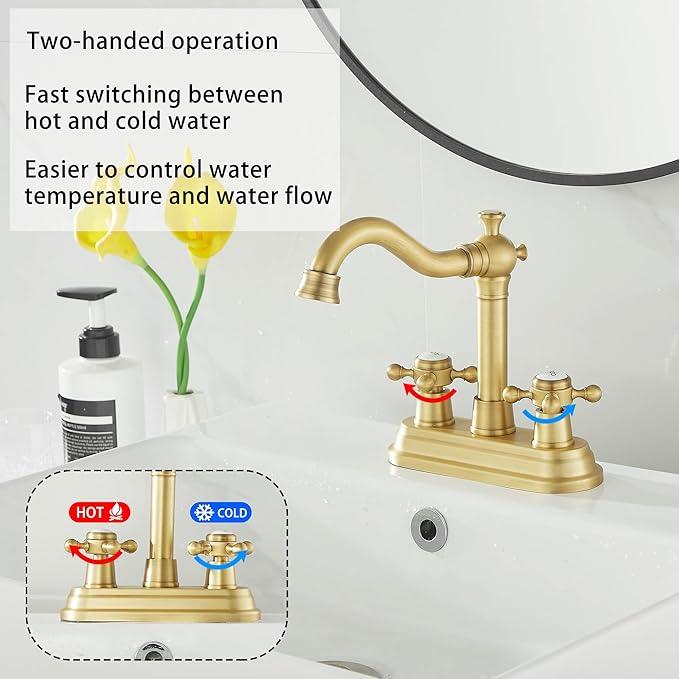 GGStudy Bathroom Faucet Antique Brass 2 Handles 4 Inches Centerset Bathroom Vanity with Drain Assembly and Supply Hose Lavatory Faucet - ModernBath