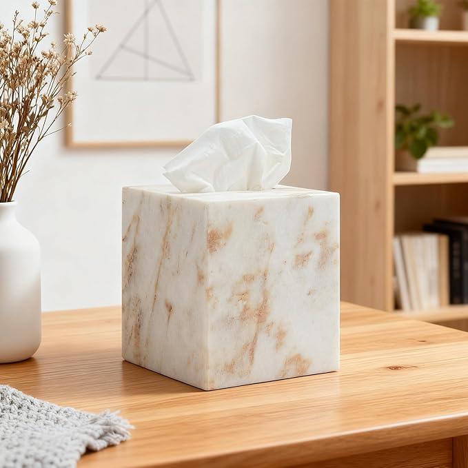 Marble Tissue Box Cover for Bathroom, White with Gold Texture Marble Facial Tissue Holder, Rectangular Toilet Paper Holder Case, Elegant Home Decorative for Vanity, Bedroom, Living Room, Office - ModernBath
