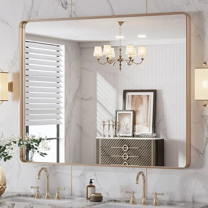LOAAO 40"X32" Gold Bathroom Mirror, Rounded Rectangle Gold Frame Mirror, Brushed Gold Bathroom Vanity Mirror Wall-Mounted, Anti-Rust, Tempered Glass, Hangs Horizontally or Vertically - ModernBath