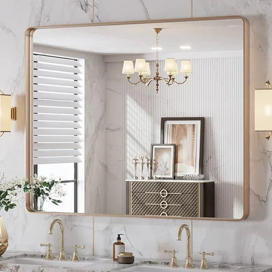LOAAO 40"X32" Gold Bathroom Mirror, Rounded Rectangle Gold Frame Mirror, Brushed Gold Bathroom Vanity Mirror Wall-Mounted, Anti-Rust, Tempered Glass, Hangs Horizontally or Vertically - ModernBath