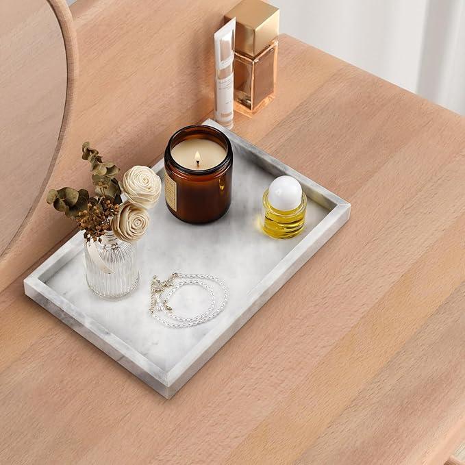 Zilukar Real Natural Marble Tray for Bathroom, Vanity, Kitchen and Desktop, Rectangle Genuine Marble Stone Tray for Jewelry, Cosmetics, Candles, Lotion, Perfume and Home Decor - ModernBath