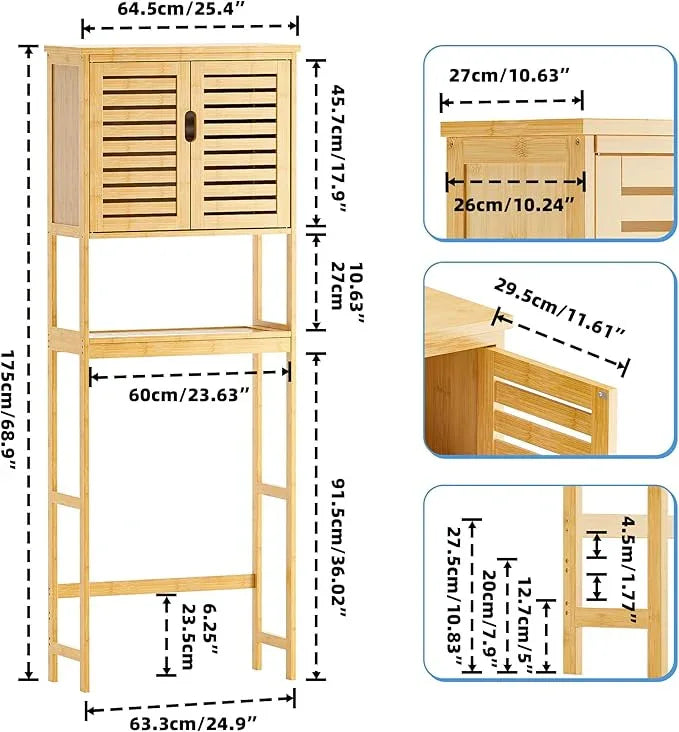 SMIBUY Bathroom Over The Toilet Storage Cabinet, 2 Door Bamboo Cabinet Organizer, Freestanding Space Saver Toilet Rack with Adjustable Inside Shelf and Open Shelf (Natural) - ModernBath