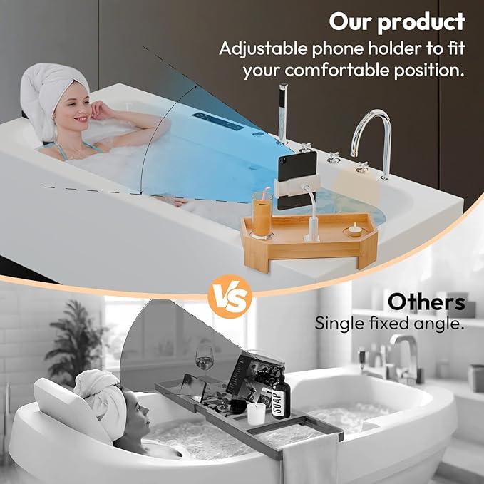 POOLCOMFT Bamboo Hot Tub Tray with Adjustable Phone Holder, Non-Slip Bath Table Tray with Card & Scented Candle - Spa Gift Set for Hot Tub Owners, Women, Parents - Unique Valentines Birthday Gift Idea - ModernBath