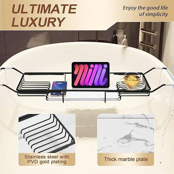 BVL Bathtub Tray Stainless Steel with Marble Base Matte Black Bathtub Tray with White Marble Base Adjustable & Rustproof Bath Caddy for Spa, Relaxation, Bath Bombs - ModernBath