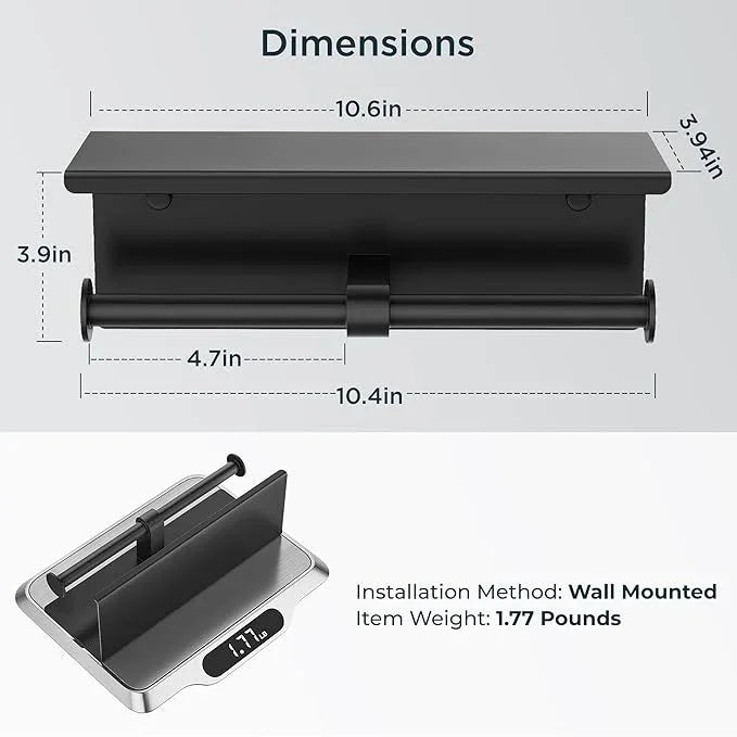FORIOUS Double Toilet Paper Holder with Shelf, Wall Mount Tissue Roll Holder for Bathroom, 304 Stainless Steel Commercial Toilet Tissue Dispensers with Phone Shelf (1, Matte Black) - ModernBath