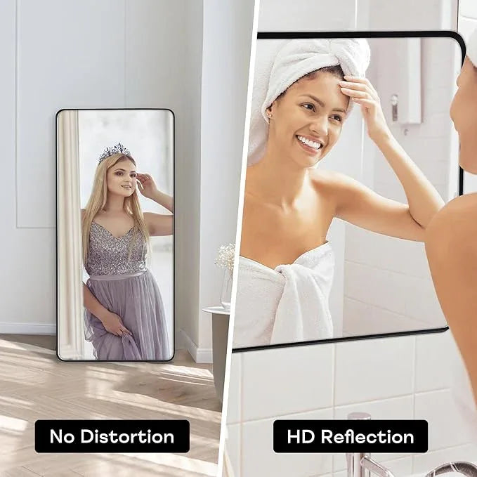 Minuover Wall Mount Mirror for Bathroom, Brushed Black Metal Framed Large Rounded Corner Rectangular Vanity Mirror, Tempered Glass (28" x 60", Black) - ModernBath