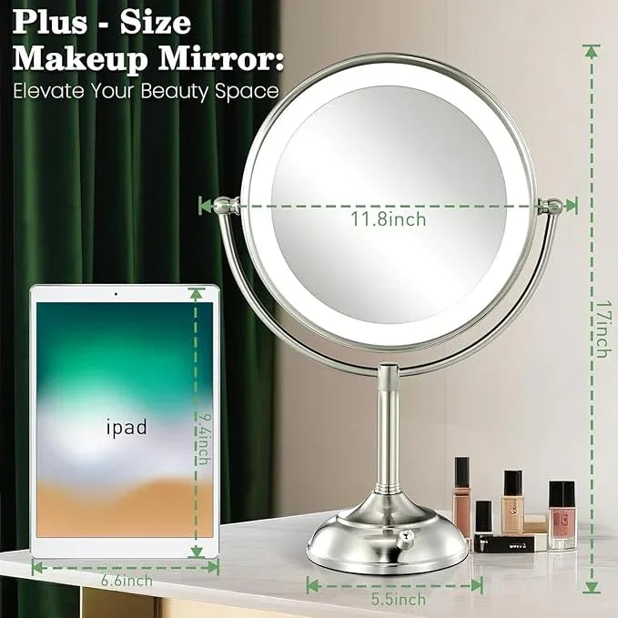 VESAUR 11.8" Extra Large 17" Tall Lighted Makeup Mirror, 1X/5X/10X 3-Sided Magnifying Mirror with 96 LEDs, 3 Color Dimmable Lights, 360° Swivel Dual Power Vanity Mirror, Nickel Finish Luxury Gift Box - ModernBath