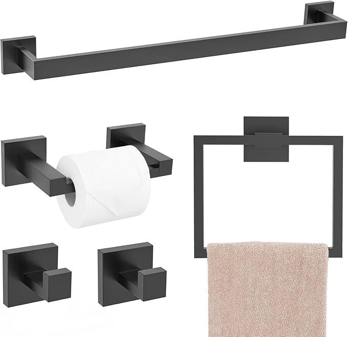 TQKAG Matte Black Bathroom Hardware Accessories Set 5 Pieces, Double Post Pivoting Toilet Paper Holder Set Stainless Steel Square Bathroom Towel Bar Holder Set Wall Mounted - ModernBath
