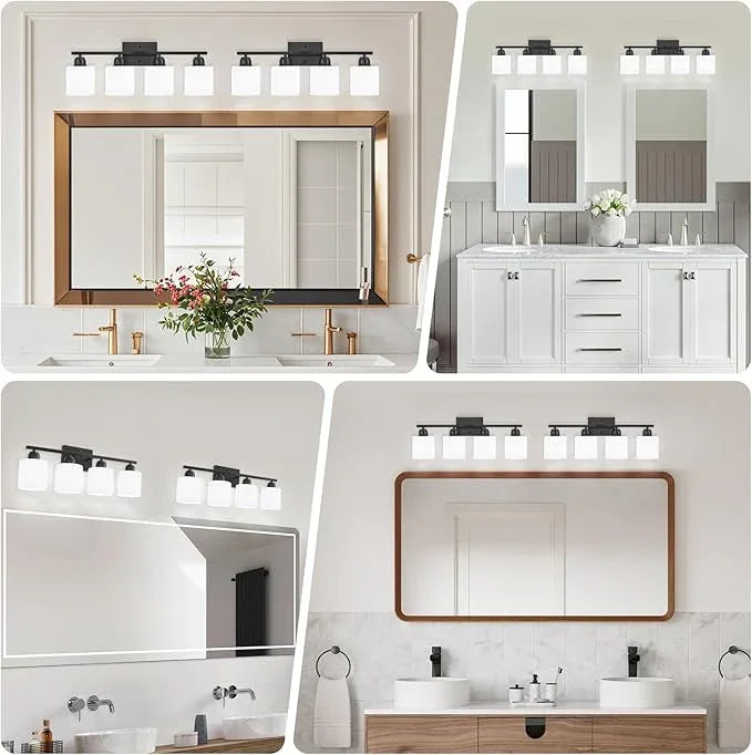 FAISHILAN 4-Light Black Bathroom Vanity Light, Light Fixtures with Milky White Frosted Glass Shades, Black Vanity Light for Bathroom Mirror, Bedroom, Living Room, Vanity Table, E26 Base - ModernBath