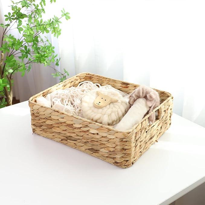 YAHUAN Water Hyacinth Storage Basket, Handwoven, 15.35L x 12W x 4.72H in, Brown - ModernBath