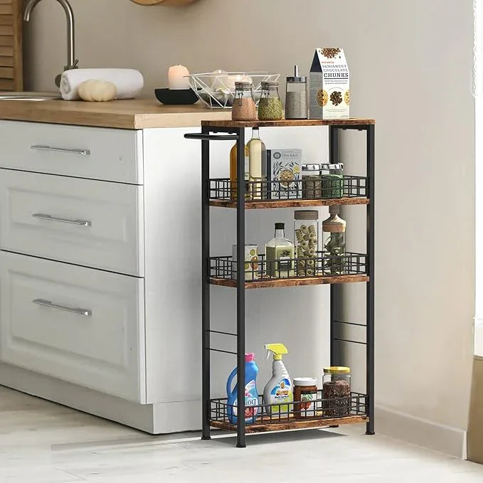 Slim Storage Cart Rolling Kitchen Cart with Wheels Narrow Laundry Storage Utility Cart 4 Tier Bathroom Mobile Shelving Unit Organizer with Wood Tabletop Trolly Cart with Handle for Small Spaces, Brown - ModernBath