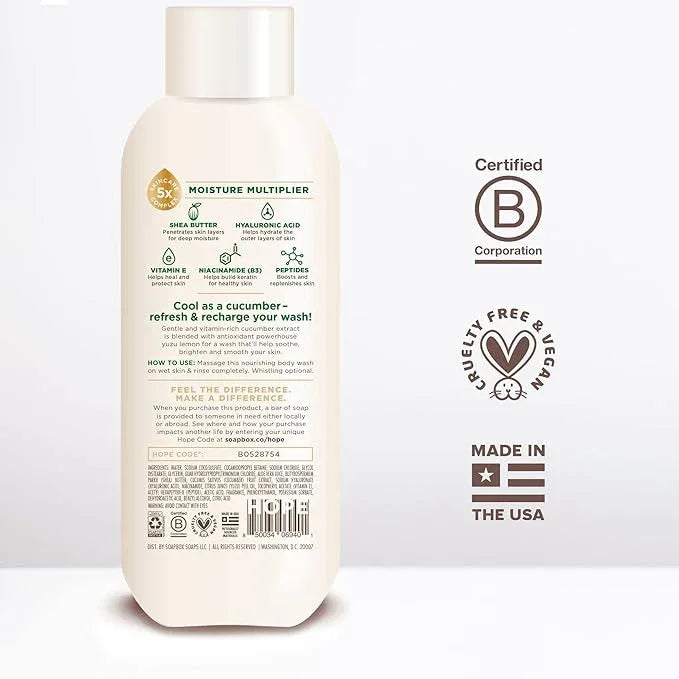Soapbox Cucumber + Yuzu Lemon Body Wash for Women, Men, Vegan + Antioxidant Rich, Soothing, Moisturizing Soap with Shea Butter, Peptides & Keratin Promoting B3, 3 Pack, 20oz Each - ModernBath