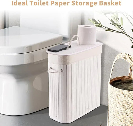 Bamboo Toilet Paper Storage with Lid & Handel, 8 Gallons (30L), Sturdy Toilet Paper Basket, Organizer for Bathroom, Kitchen, Holder with Storage, White - ModernBath
