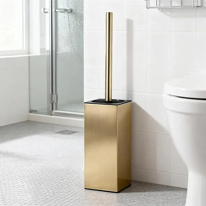 Toilet Brush and Holder Set, NEWRAIN Stainless Steel Toilet Brush with Long Brush Handle, Brushed Gold Toilet Scrubber and Covered Holder, Square Design Sturdy and Space Saving, Covered Brush - ModernBath