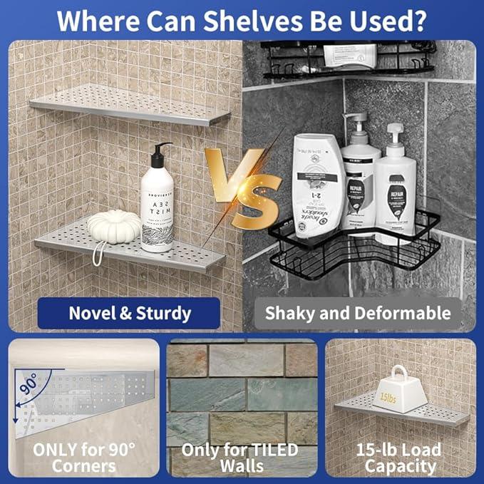 Corner Shower Shelf 12" Polished 304 Stainless Steel Recessed Trapezoid Grout in Shelves with Grid Design Bathroom Shelf Racks for Tiled Wall, 2 Pack - ModernBath