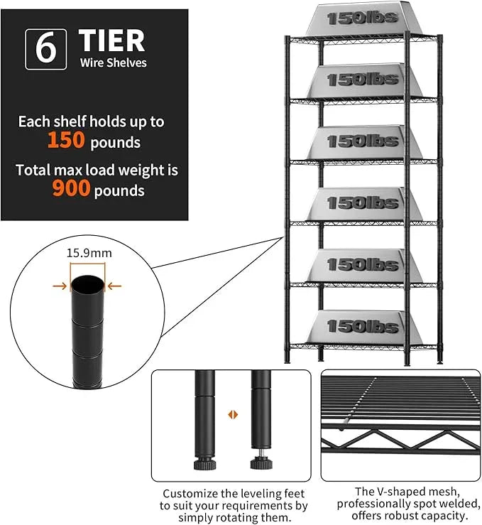 6 Tier Adjustable Storage Shelves,Heavy Duty Metal Utility Shelf 900LBS Capacity,Wire Shelving Unit Organizer Rack for Home,Kitchen,Office,Bathroom,Pantry Room,12" D x 22" W x 69" H,Black - ModernBath