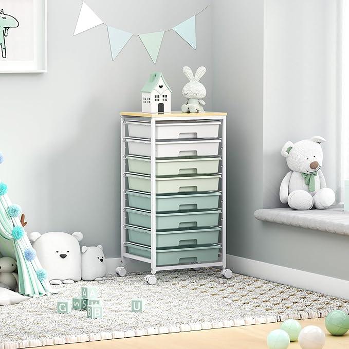 Rolling Storage Utility Cart Organizers with 8 Drawers and Wooden Tabletop for Living Room,Office,Classroom,Craft Room,Bedroom,Dorm,Green - ModernBath