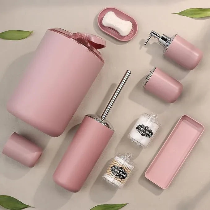 IMAVO Bathroom Accessories Set,Pink Bathroom Set,9 Pieces Bathroom Accessory Set,Tray,Qtip Holders,Toilet Brush,Trash Can for Bathroom Décor and Home Gifts - ModernBath