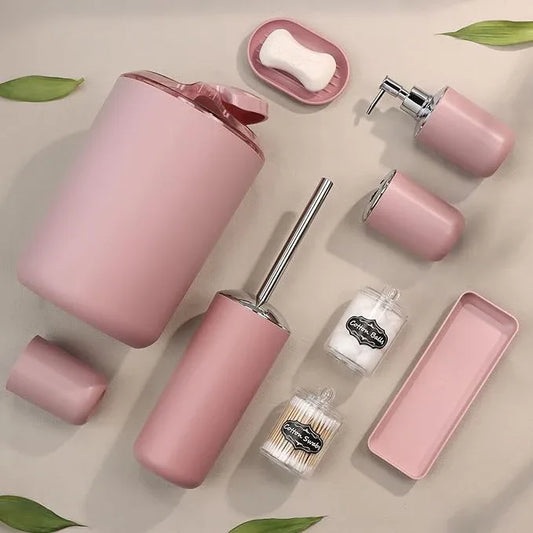 IMAVO Bathroom Accessories Set,Pink Bathroom Set,9 Pieces Bathroom Accessory Set,Tray,Qtip Holders,Toilet Brush,Trash Can for Bathroom Décor and Home Gifts - ModernBath