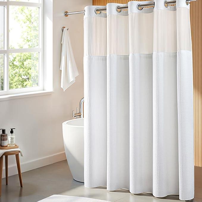 River Dream White Fabric Shower Curtain Set, Cotton Blend, Waffle Weave, with Snap in Replacement Liner，71 x 74 inches - ModernBath
