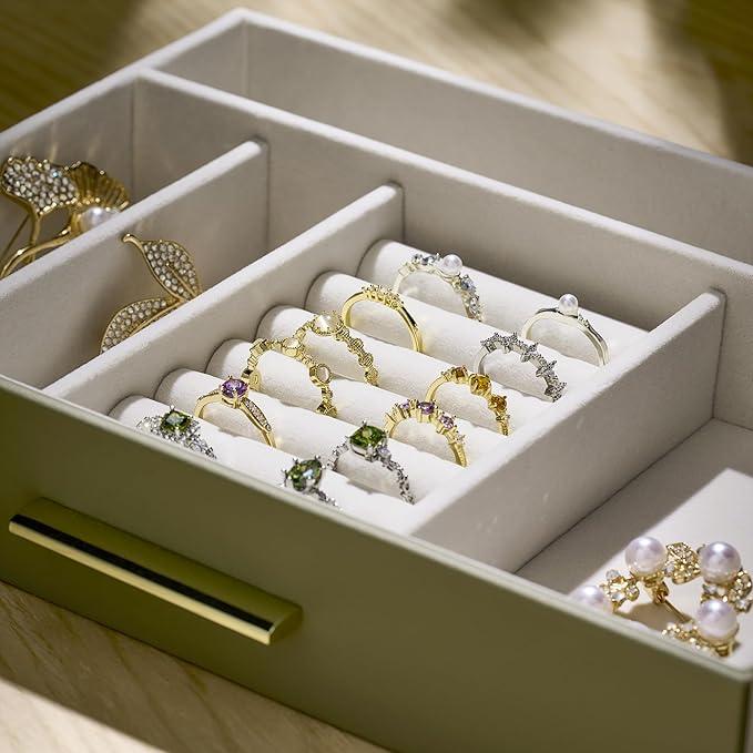 Jewelry Box Organizer Case for Women: 4-Layer Jewelry Storage Case with Glass Window, Olive Green Leather with Cream Velvet, Holder for Ring Necklace Bracelet Brooch Watch, Great Gift for Her - ModernBath
