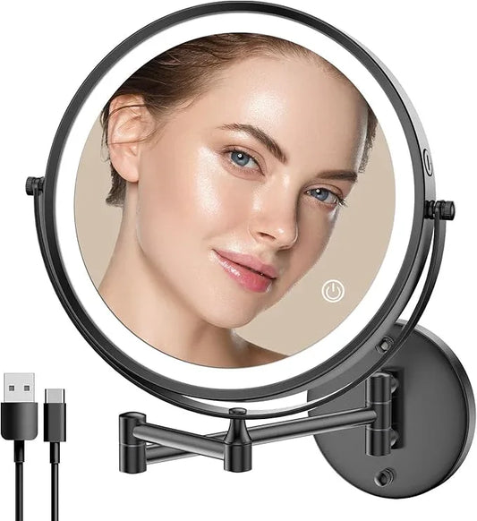 Rocollos 9" Wall Mounted Lighted Makeup Mirror, Large Double Sided 1X/10X Magnifying Mirror, 3 Color LED Vanity Mirror, Touch Dimmable 360° Swivel Light Up for Bathroom - ModernBath