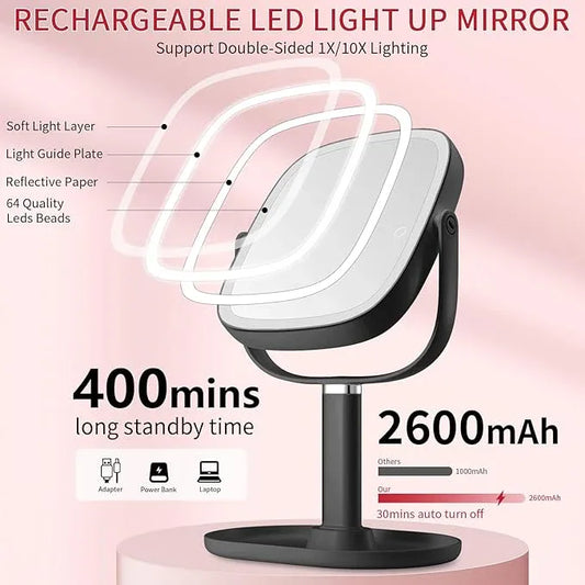 Lighted Makeup Mirror, 2600mAh Rechargeable 1x/10x Magnifying Vanity Mirror, 8.5" Height Adjustable Makeup Mirror with Lights 3 Color, 360° Rotation 2-Sided Light up Large Desk Mirror - Black - ModernBath