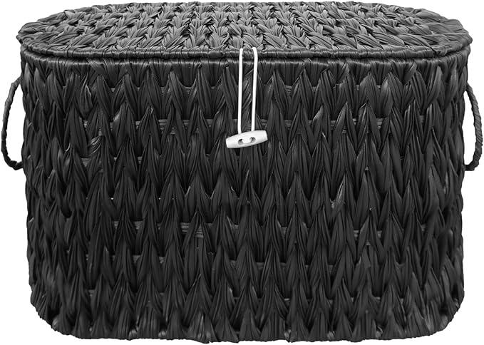 Black Toilet Paper Basket with Lid,Wicker Toilet Paper Storage Stand,Large Narrow Bathroom Towel Basket Mega Roll Container Bin for Toilet Tank,Floor - ModernBath