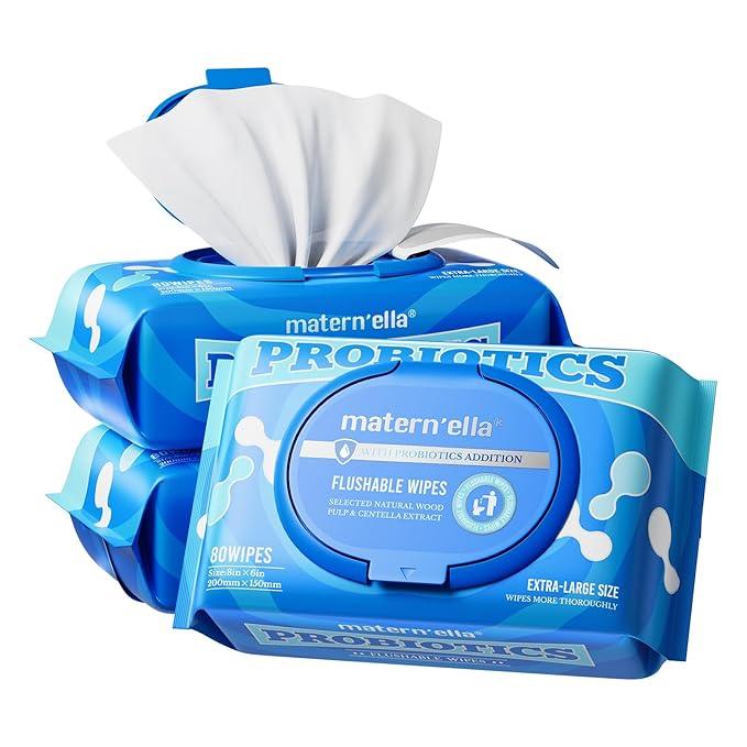 matern'ella Flushable Wipes Extra Large Corner-Connected Wet Wipes Plant Based Fibers With Probiotics Fragrance Free Sewer Safe Butt Wipe Adult 3 Packs of 80 - ModernBath
