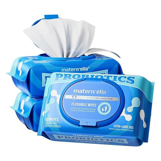 matern'ella Flushable Wipes Extra Large Corner-Connected Wet Wipes Plant Based Fibers With Probiotics Fragrance Free Sewer Safe Butt Wipe Adult 3 Packs of 80 - ModernBath