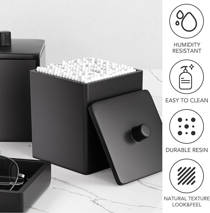 Black Bathroom Accessories Set Resin 6PCS, Square Toothbrush Holders Set Complete with Soap Dispenser, Vanity Tray, Tumbler, Cups and Cotton Swab Jars for Counter, Sink or Small Spaces - ModernBath