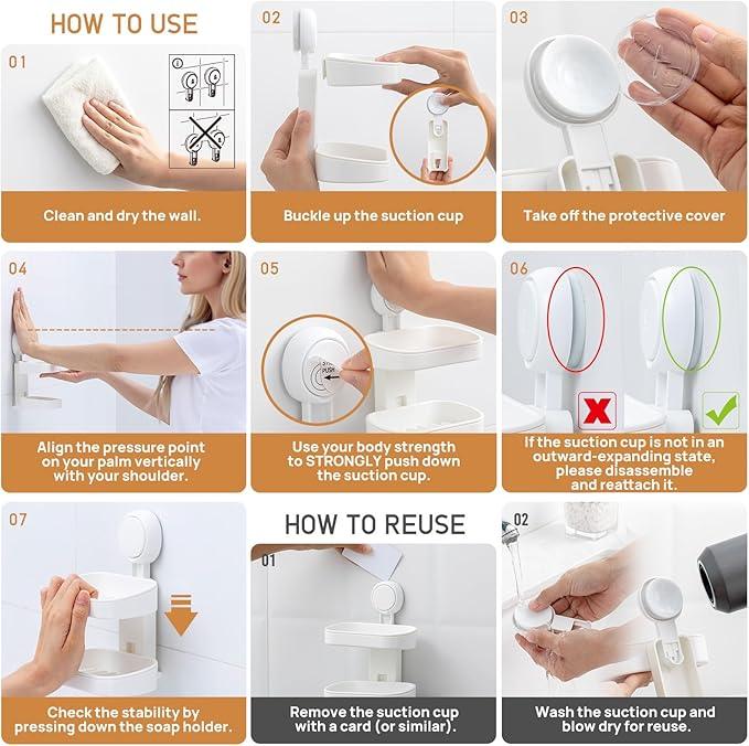 LEVERLOC Soap Dish Holder for Shower Double Layer Suction Cup Wall Mounted NO-Drilling Self Draining Removable Waterproof Strong Suction Bar Soap Sponge Holder for Shower Bathroom Bathtub Kitchen - ModernBath