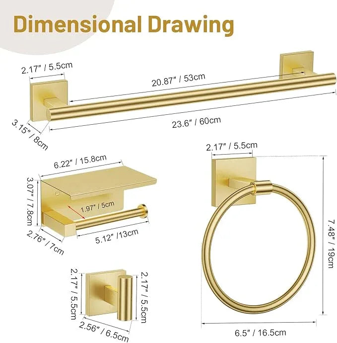 5 Pieces Brushed Gold Bathroom Hardware Set, SUS304 Stainless Steel Bathroom Accessories Set 23.6 inches Towel Bar, Toilet Paper Holder with Shelf, Towel Ring and Two Towel Hooks Wall-Mounted - ModernBath