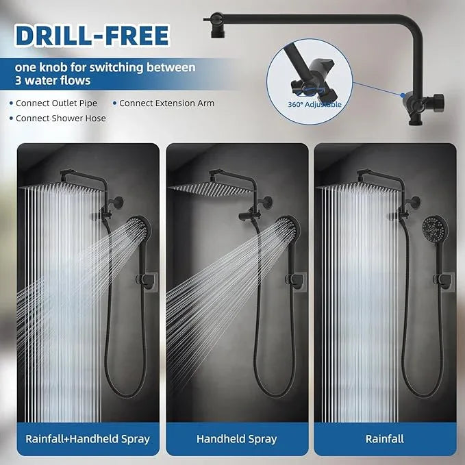 12" All Metal Shower Head, High Pressure Rainfall Shower Head/Handheld Showerhead Combo with 11" Adjustable Shower Extension Arm, 71" Hose, Shower Head Holder, Matte Black - ModernBath