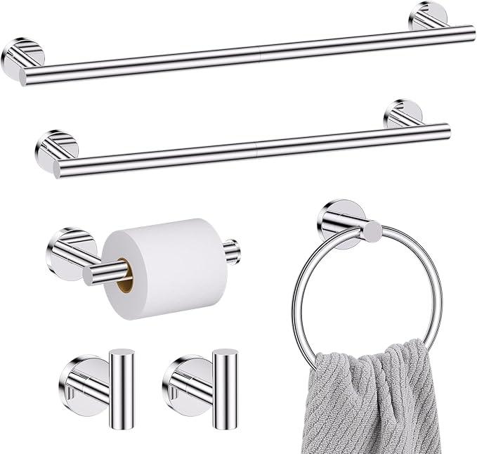 Chrome Bathroom Hardware Set, 6 Pieces Towel Bar Towel Holder Set Includes 19.68/23.6in Towel Bar, Toilet Paper Holder,Towel Ring and Towel Hook Wall Mount Bathroom Accessories Set - ModernBath