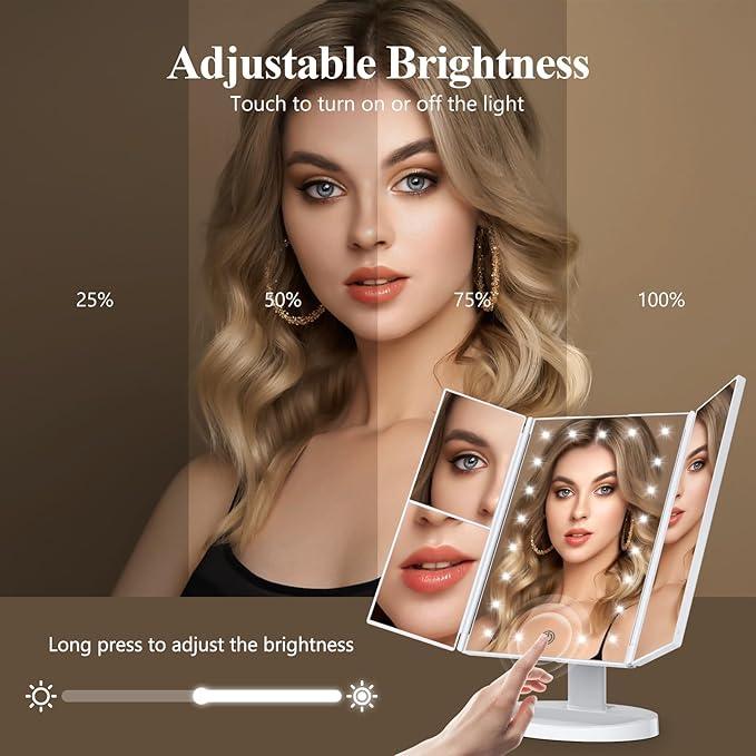 HUONUL Makeup Mirror, Vanity Mirror with Lights, 2X/3X/10X Magnification, Touch Control, Trifold, Dual Power Supply, Valentines Day Gifts for Her,Gifts for Women, Wife, Mom, Girls,Dorm Room Essentials - ModernBath