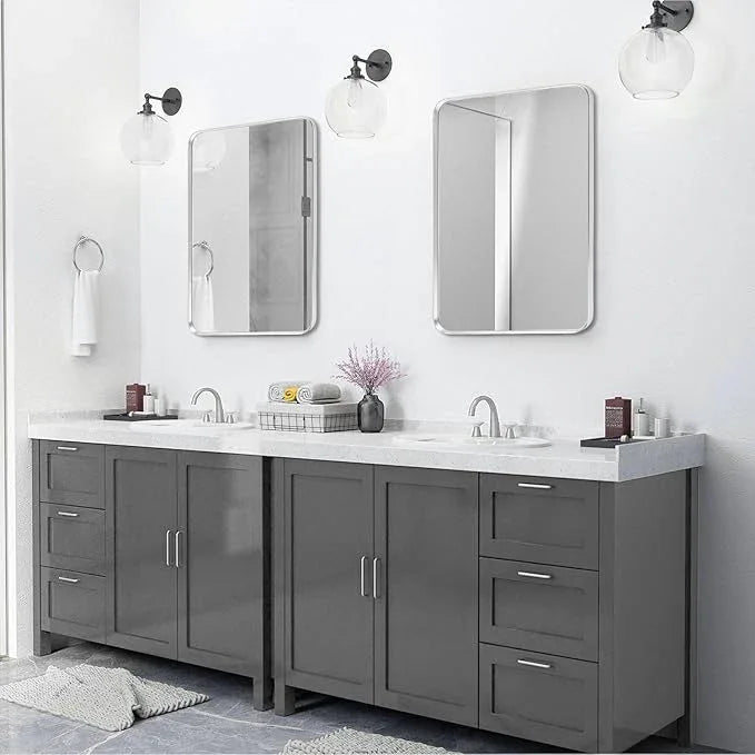 Minuover Wall Mount Mirror for Bathroom, Brushed Silver Metal Framed Rounded Corner Square Rectangular Vanity Mirror (24" x 30", Silver) - ModernBath