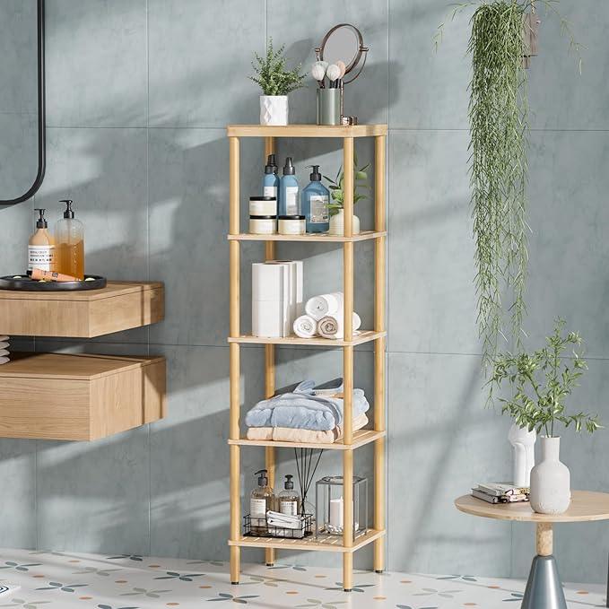 AmazerBath 5-Tier Bamboo Bathroom Shelf, Bathroom Standing Shelves, Multifunctional Shelving Unit for Living Room Bedroom Kitchen, Natural Color - ModernBath