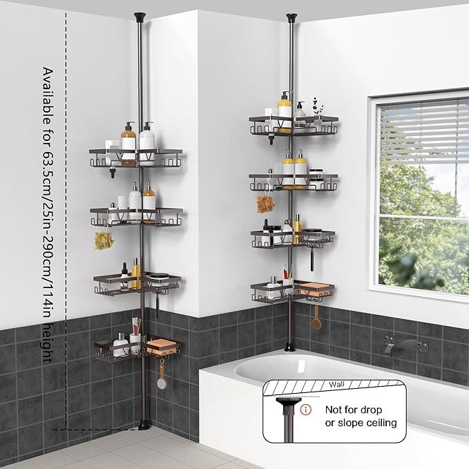 KEGII 4-Tier Corner Shower Caddy Tension Pole - Waterproof Shower Rod Organizer, Floor to Ceiling Tension Rod 25-114.2 inch, Stainless Steel Corner Shower Shelf, Bronze - ModernBath