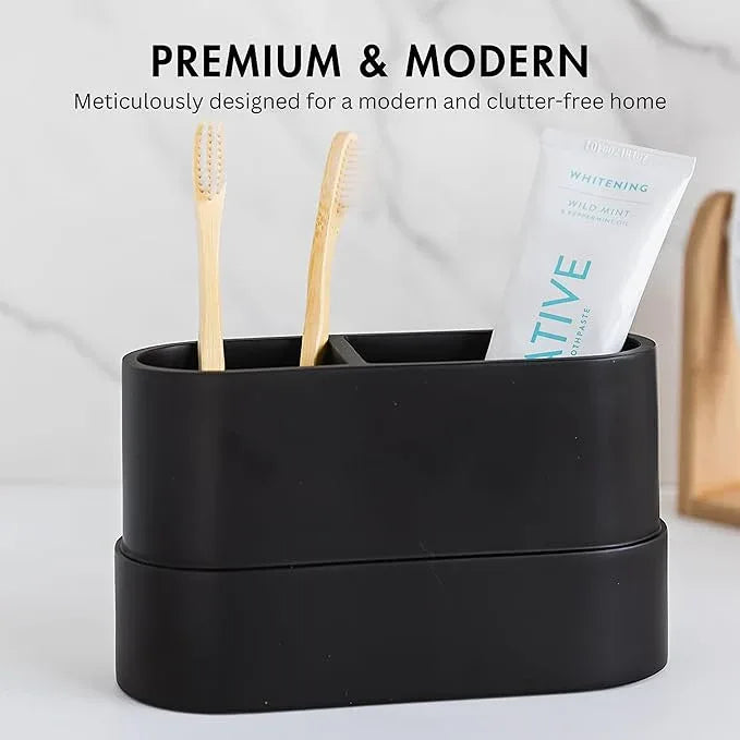 Matte Black Large Toothbrush and Toothpaste Holder and Cup for Bathroom Vanity and Countertop, 2 Compartment Organizer for Electric Toothbrushes, Floss, Razors, Cotton, and Mouthwash - YEW DESIGN - ModernBath