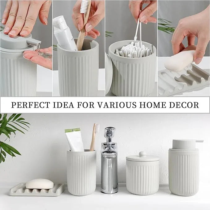 BosilunLife Ceramic Bathroom Accessories Set - Bathroom Counter Soap Set Light Grey Bathroom Decor Sets Accessories Bathroom Lotion Soap Dispenser and Toothbrush Holder Set, Soap Dish, Apothecary Jars - ModernBath