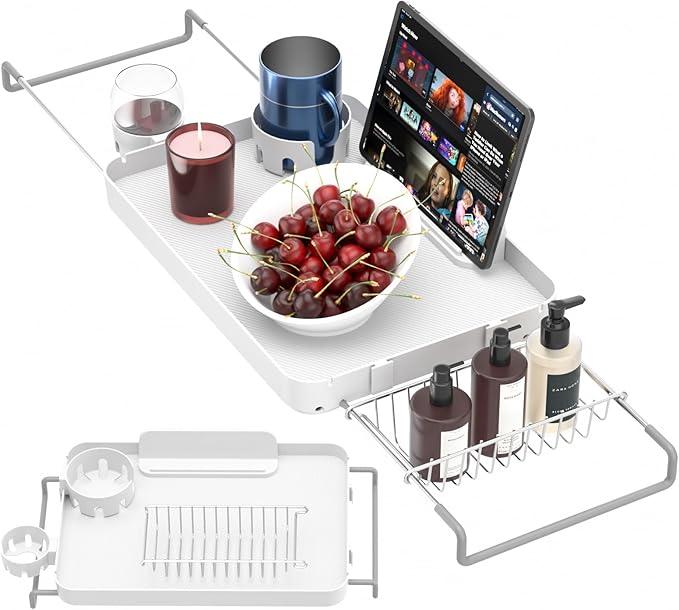 Bathtub Tray for Large Soaking Tub Table Tray Expandable Tub Shelf for Bathtub Caddy Bath Shelf Over Tub Luxury Bath Board Book Holder with Removable 2 Cup Holder Phone Metal Shower Caddy Basket White - ModernBath