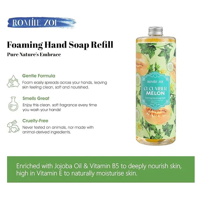 ROMIIE ZOI Foaming Hand Soap Refill, Cucumber&melon, Gentle & Moisturizing Formula, 1000 ML/ 33.8 FL OZ - ModernBath