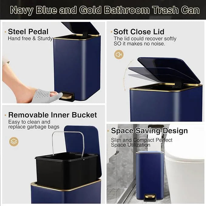 XLHOMO Bathroom Sets with Shower Curtain and Rugs Bathroom Accessories Set Navy Blue Bathroom Set,Soap Dispenser & Toilet Brush Holder Set with Stainless Steel Trash Can - ModernBath