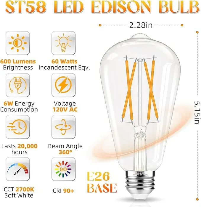 Edison Bulbs 60 watt Equivalent LED, E26 Bulb Non-Dimmable, Soft White 2700K, ST58 Vintage Light Bulbs, 90+ CRI, 6W 600LM, E26 Medium Base, Clear Glass, 18 Pack - ModernBath