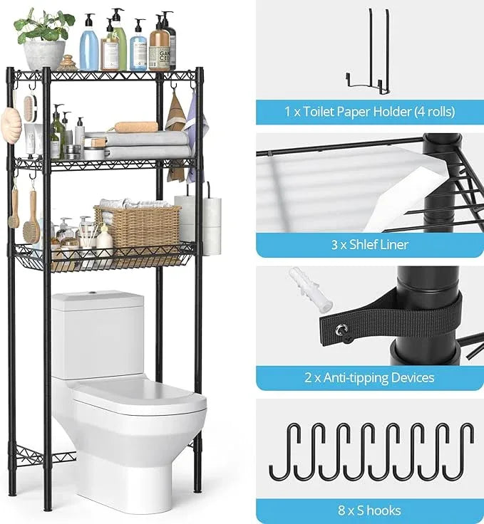 Hodonas Over The Toilet Storage Shelf, Adjustable Bathroom Organizer with Toilet Paper Holder & 8 Hooks, 3 Tier Sturdy Metal Space Saver for Bathroom/Kitchen, Easy Assembly Above Toilet Shelf, Black - ModernBath