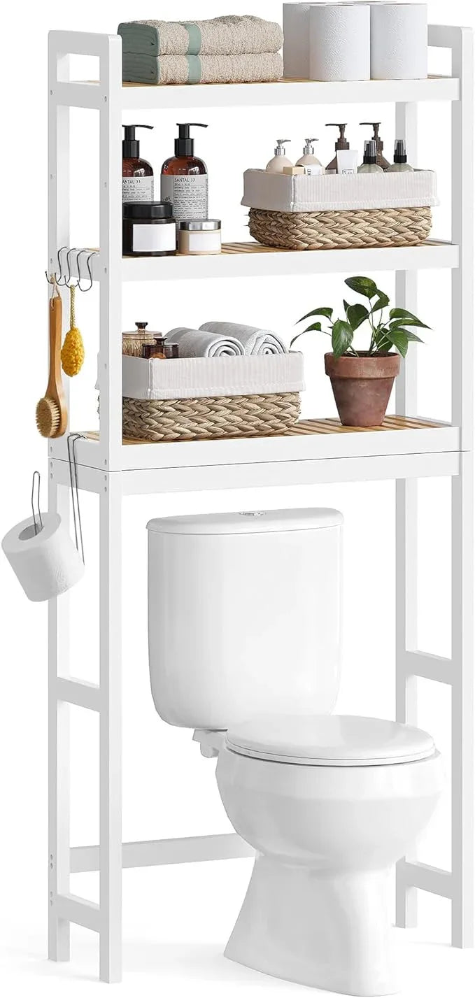 SONGMICS Over The Toilet Storage, 3-Tier Over Toilet Bathroom Organizer with Adjustable Shelf, 10.2 x 24.8 x 66.9 Inches, Space-Saving, Cloud White and Natural Beige UBTS001W02 - ModernBath