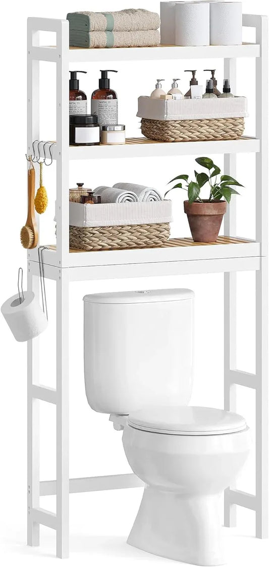 SONGMICS Over The Toilet Storage, 3-Tier Over Toilet Bathroom Organizer with Adjustable Shelf, 10.2 x 24.8 x 66.9 Inches, Space-Saving, Cloud White and Natural Beige UBTS001W02 - ModernBath